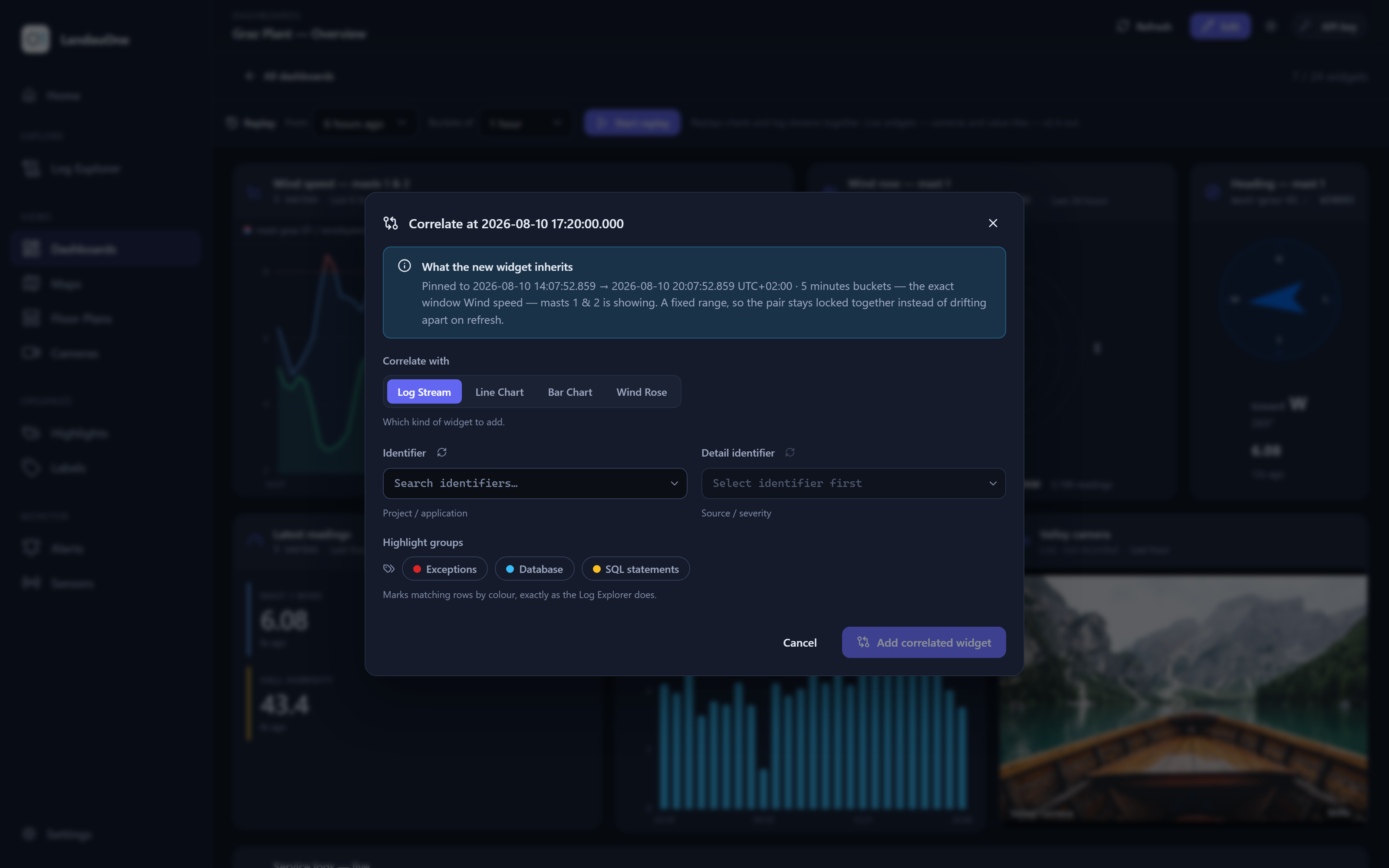 The Correlate dialog on a dashboard, showing the pinned time window the new widget will inherit and the widget types to choose from.