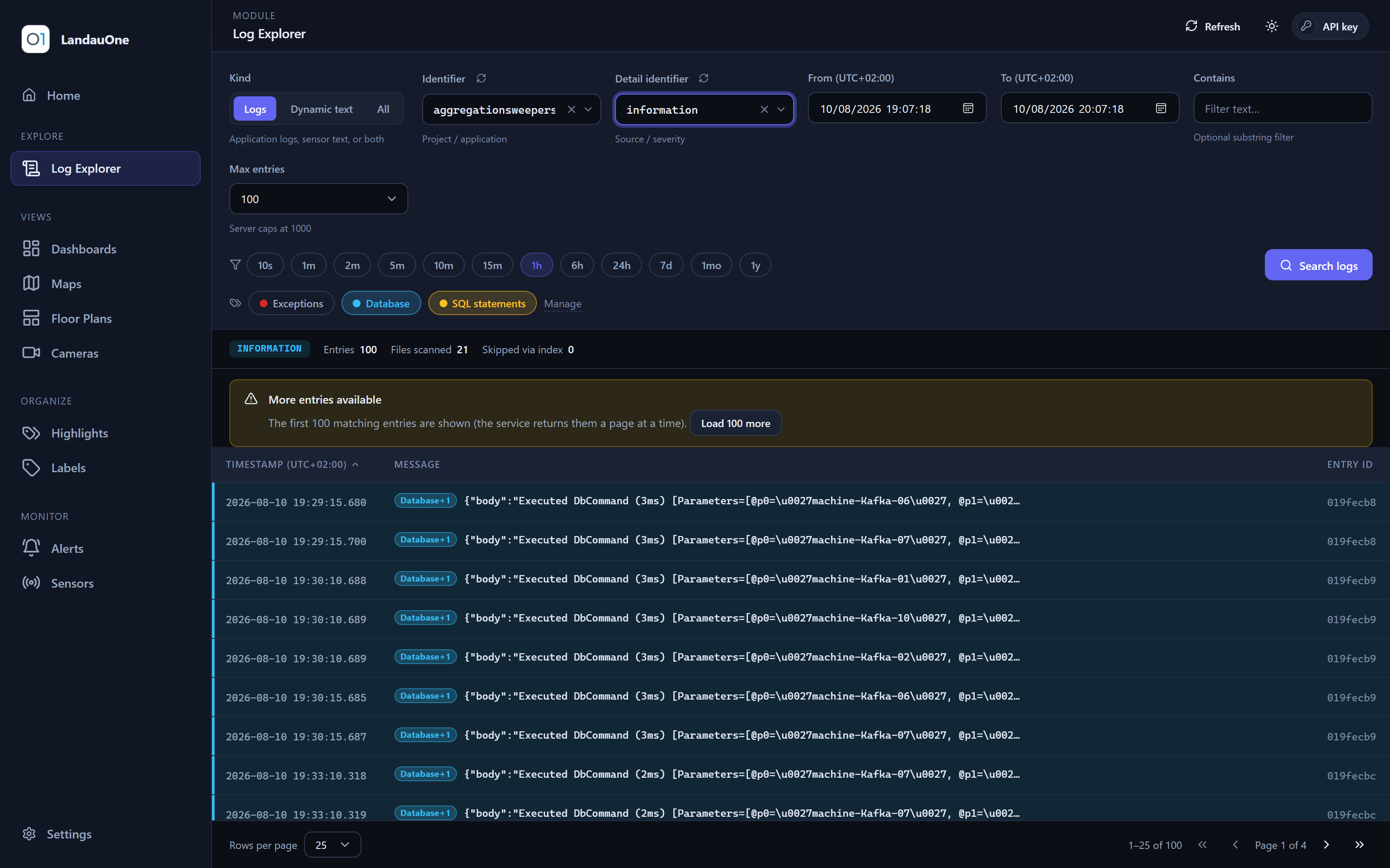 Log Explorer: a filter bar above a paginated table of log rows, with matches highlighted.