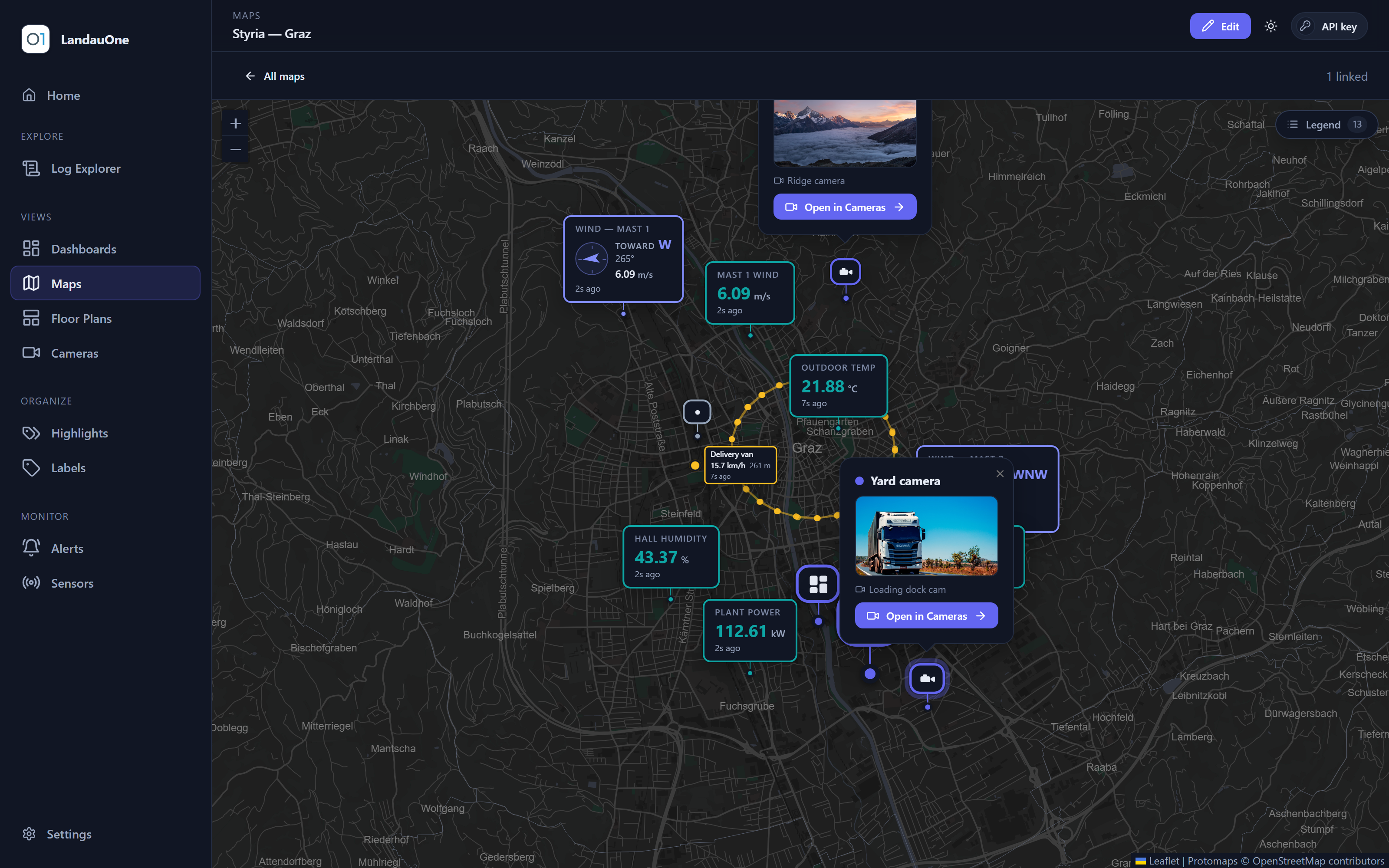 The map module with live sensor markers over a city.